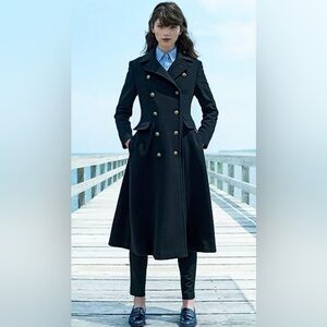 LRL Coat Womens 6 Black Wool Cashmere Military Maxi Overcoat Crest Button Double